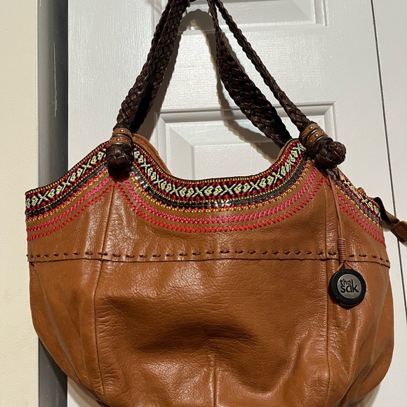 The Sak Handbags - The Sak Brown Leather Shoulder Bag with Pink & Cream Embroidered Trim